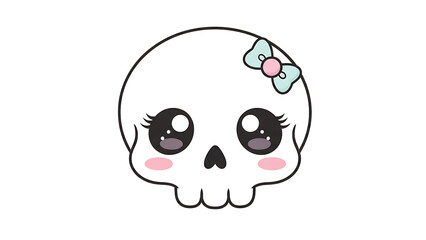 Obraz premium A cute cartoon skull with large eyes and a bow, presented on white.