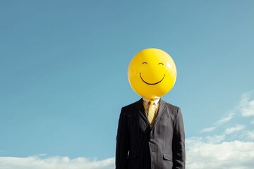 Person in suit with yellow smiley face balloon head against a blue sky with white clouds