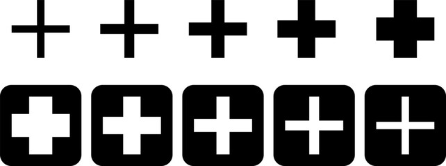 Fototapeta premium Plus Icon Black. Pluses, Cross Symbol, Addition Logo, Positive Sign, Isolated White, Variations