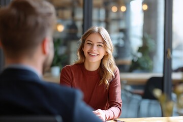 young woman sitting on a bench in a cafe