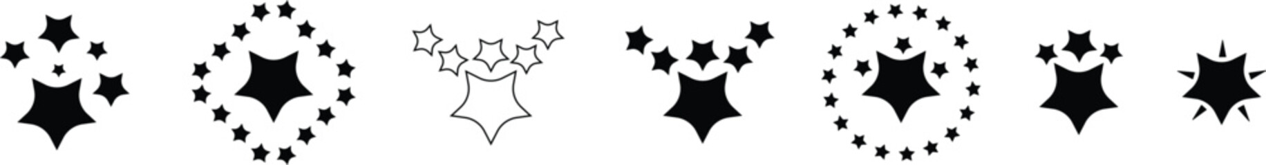 Collection of black starburst and star shapes in various symmetrical arrangements