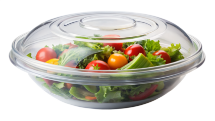 A fresh green salad with ripe red and yellow cherry tomatoes is served in a clear plastic bowl with a domeshaped lid, isolated on transparent background