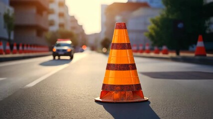 Traffic Cone on Urban Road at Sunset - Powered by Adobe