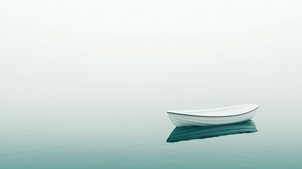 Tranquil white boat on a misty lake.