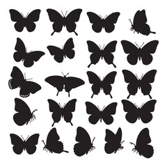 Twenty Four Black Butterfly Silhouettes Various Poses and Angles Isolated on White Background Insect Collection Graphic Design Element Nature Theme