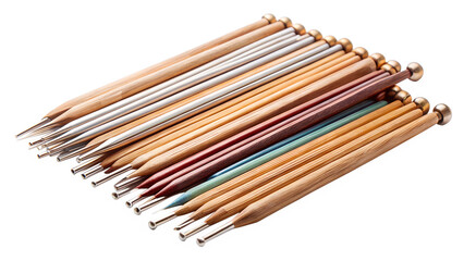 A collection of various metal and wooden tools with different tips is isolated on transparent background