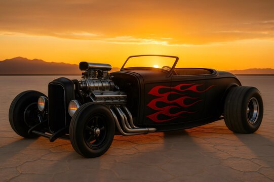 Fototapeta Customized Hot Rod with Flames Parked in the Desert at Sunset
