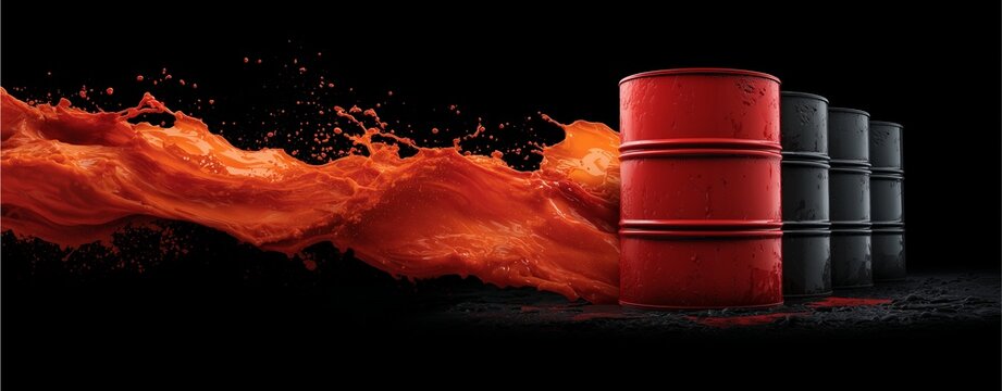 Oil Barrels in Dynamic Display: A vivid display of industrial elements featuring a row of oil barrels set against a backdrop of a dynamic liquid in an illustrative depiction - Powered by Adobe
