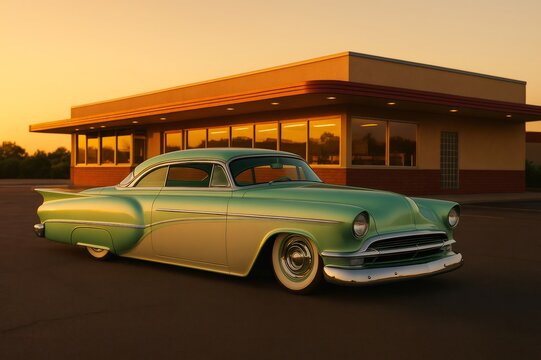 Fototapeta Classic customized car parked in front of a diner at sunset