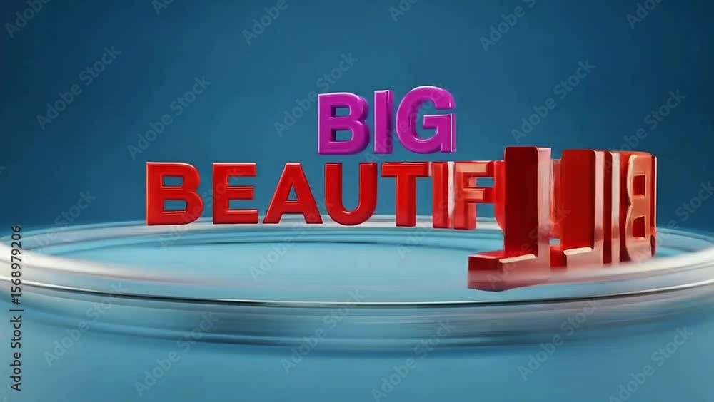 Poster big and beautiful: a striking 3d text composition, creatively arranged atop a transparent, reflectiv