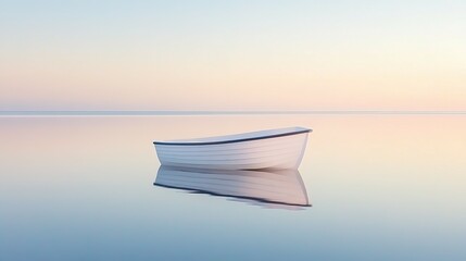 A serene white boat on a calm water surface at dawn.
