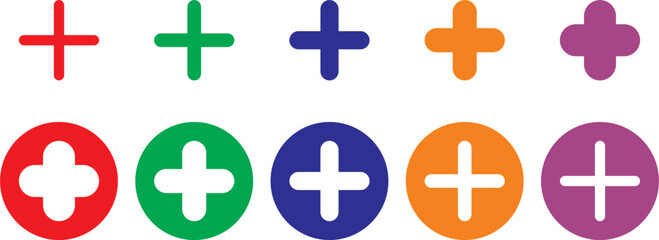 Plus Icon colorful. Pluses, Cross Symbol,  Addition Logo, Positive Sign, Isolated White, Variations