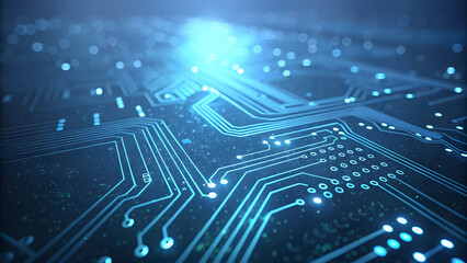 Obraz premium Abstract glowing blue circuit board with intricate pathways and data flow