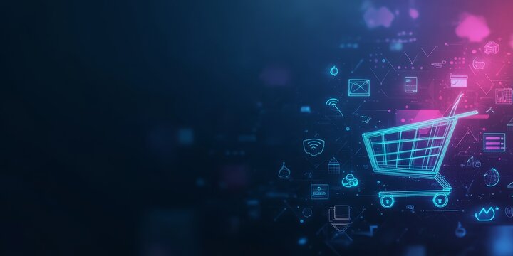 Digital Shopping Cart Surrounded by E-commerce Icons