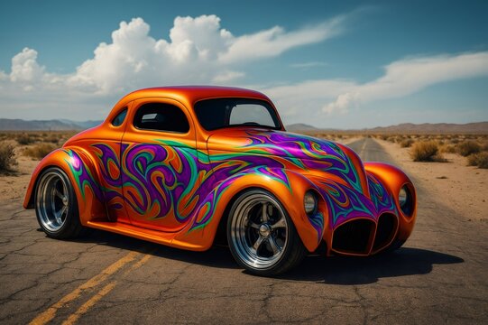Customized hot rod posing on a desert road