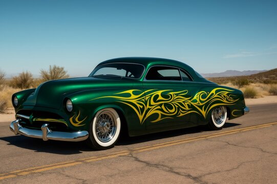 Fototapeta Lowrider vintage car parked on a desert road with yellow tribal decoration