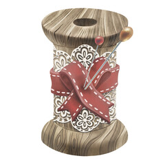 Wooden Spool and pins. Watercolor illustration of wooden spool with lace and ribbon around. For haberdashery, master classes, sewing blog or website design. Printing stickers or postcards