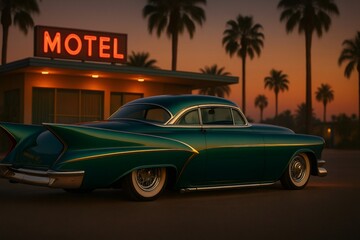 Classic car parked in front of motel at sunset