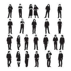 Twenty Four Black Silhouettes Diverse People Standing Various Poses Casual And Formal Attire Full Body Shots