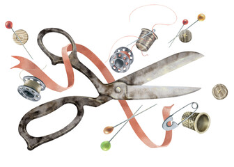 Watercolor illustration of vintage antique scissors, ribbon, bobbins, pins, buttons. For scrapbooking, haberdashery, printing on sewing aprons, t-shirts, business cards, sewing blogs or master classes