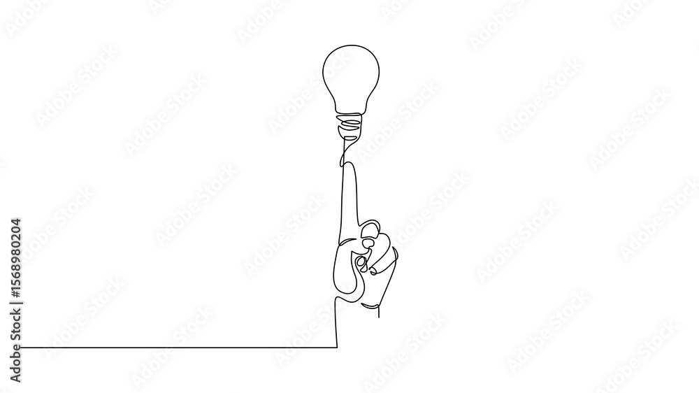 Poster self drawing line animation hand pointing a bulb lamp think big point to idea and creativity, hand w