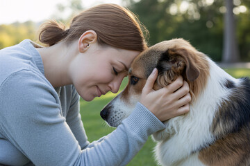 Woman holding her dog with foreheads touching. Tender moment of emotional connection between human and animal
