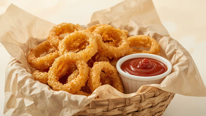 Golden Crispy Onion Rings in Basket with Ketchup on Side