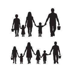 Two Families Silhouettes Walking Holding Hands Buckets Black White