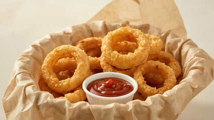Golden Crispy Onion Rings in Basket with Ketchup on Side