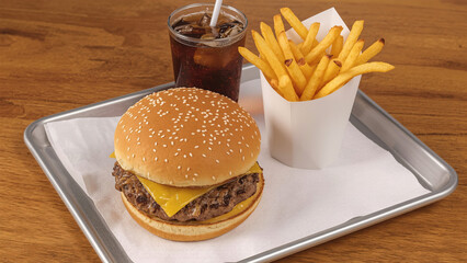 Fast Food Combo Meal with Burger, Fries, and Soda on Tray
