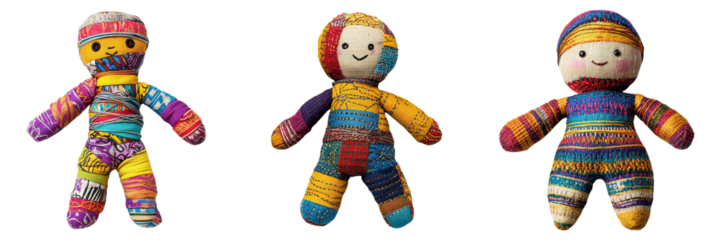 Set of Colorful Handmade Worry Dolls Crafted from Woven Fabric and Traditional Textiles Isolated on Transparent Background