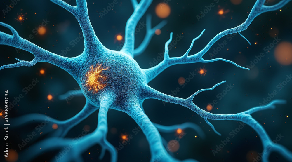 Poster psilocybin concept ,spinning neuron with glowing orange synapse signals dark background showing brai