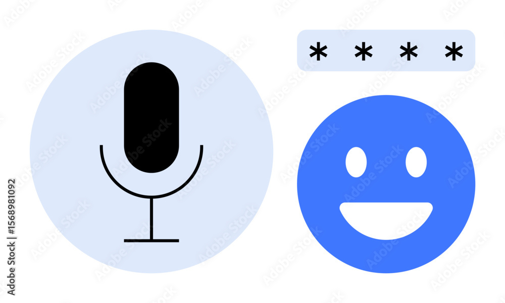 Poster microphone representing voice control, smiling face for user satisfaction, password stars for securi