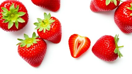 Fresh ripe strawberries and a half cut strawberry on a white background