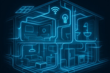 Futuristic home network blueprint glowing blue image