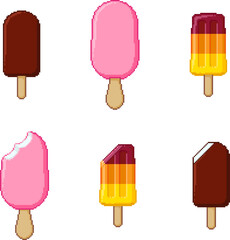 Pixel art bitten and whole ice cream set. 8-bit style frozen treats on sticks - fruity and layered popsicles, chocolate covered bars. Retro dessert graphics for summer themes and game UI.