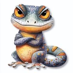 Intriguing Watercolor Gecko A Glowering Reptile with Folded Arms and Bent Tail Captivating Detail and Artistic Style