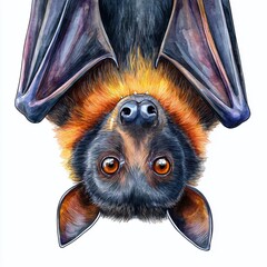 A Grouchy UpsideDown Bat with Fangs Watercolor Illustration A Funny and Detailed Artistic Representation of a Batss