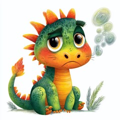 A Grouchy Dragon Hatchling Breathes Smoke Rings Watercolor Artwork Featuring a Whimsical and Irritable Young Dragon