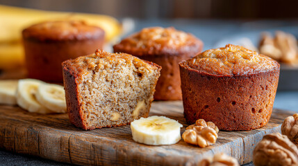 Air fryer banana muffins on woodeen board