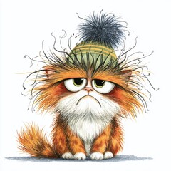 A Grumpy Watercolor Puffball Cat Tangled in a Tiny Hat A Funny and Detailed Artistic Representation