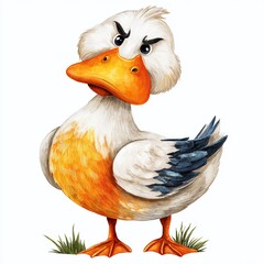 Grumpy White Duck with Crossed Wings Watercolor Portrait of a Sulky Bird