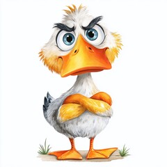 Grumpy White Duck with Crossed Wings A Watercolor Study of Waterfowl Moods