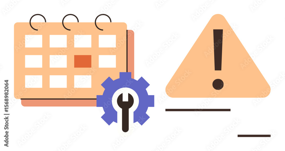 Poster calendar with highlighted date, gear with wrench, and warning sign indicating task management, maint