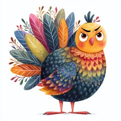Watercolor Illustration of an Irritated Turkey with PuffedUp Feathers in a Chaotic Waterfowl Scene Detailed CloseUp