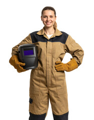 A skilled welder in her protective gear, holding her welding mask