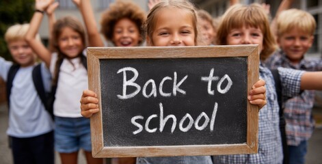 Group of happy children holding chalkboard saying Back to school  