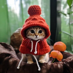 Obraz premium Kitten in Knitted Mushroom Costume – Stylized Close-Up