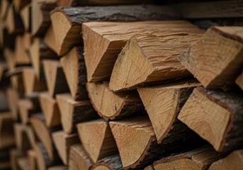Fototapeta premium Stack of oak firewood pieces for warmth. Natural wood texture background for rustic interior design or renewable energy and sustainable fuel source theme for banner or post.