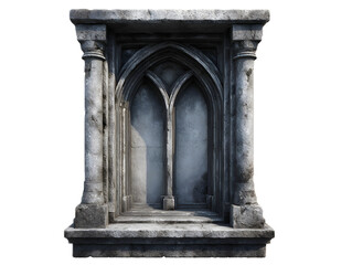 Fototapeta premium An ornate weathered stone window frame with intricate Gothic inspired arched details and carved columns evoking a sense of mystery and historical grandeur